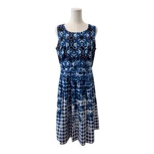 Talbots Women’s 8 Blue Plaid Floral Fit & Flare Career Work Pleated Dress